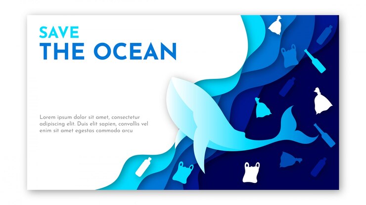 Arte en papel de la plantilla del día mundial del océano con mar azul, basura de plástico e ilustración de ballena