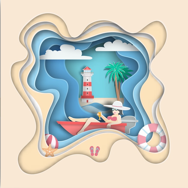 Arte de papel tallado con mujer flotando