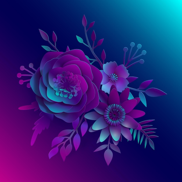 Vector arte de papel, vector realista flores 3d en una luz azul neón y rosa con hojas cortadas de papel. ilustración de imagen de stock