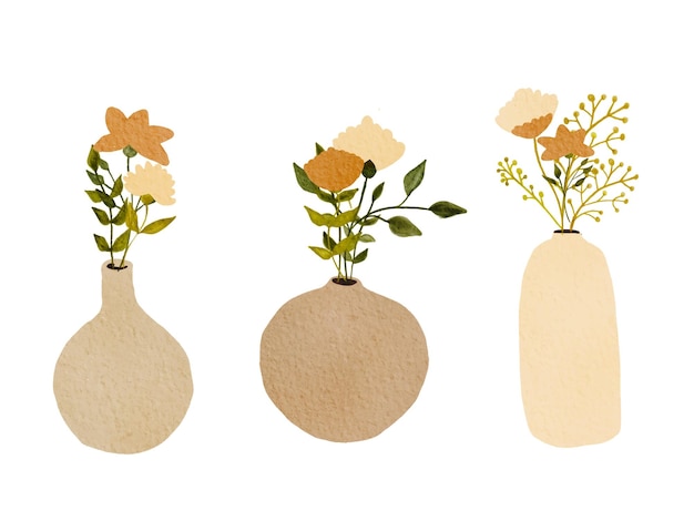 Arte de pared botánico boho dibujado a mano con jarrón de acuarela de flores silvestres Arte floral minimalista simple