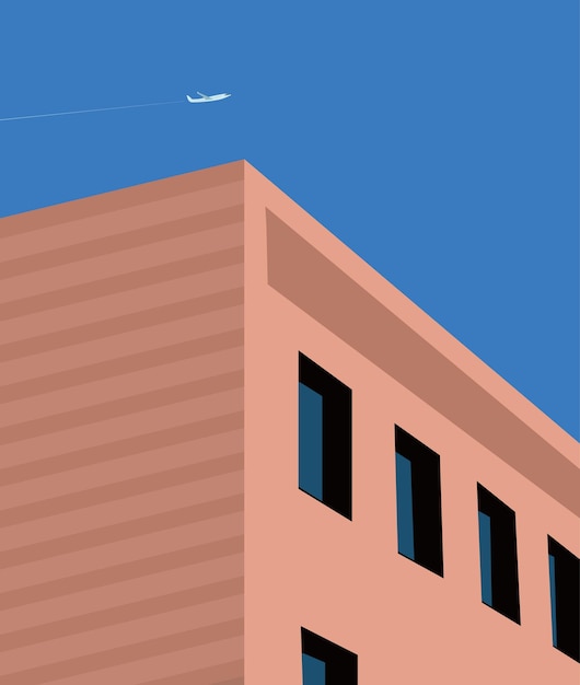 Arte de pared con ilustración de cielo azul y edificio.