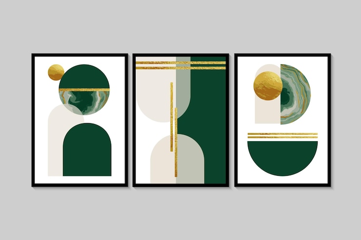 Arte de pared minimalista abstracto en colores beige, verde y dorado. Estilo de línea simple. Formas geométricas doradas.