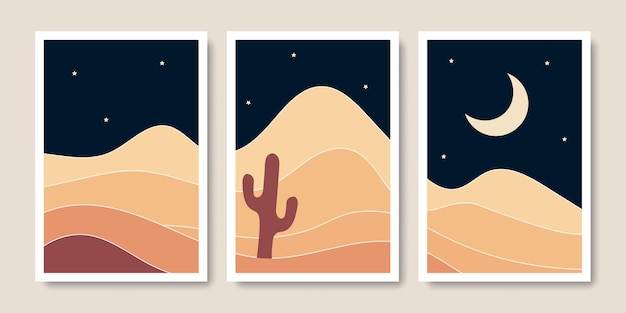 Arte de la pared de paisaje con montañas de estrellas de la luna y cactus