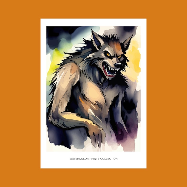 Vector arte de pared con vibraciones de halloween, personaje de dibujos animados de hombre lobo