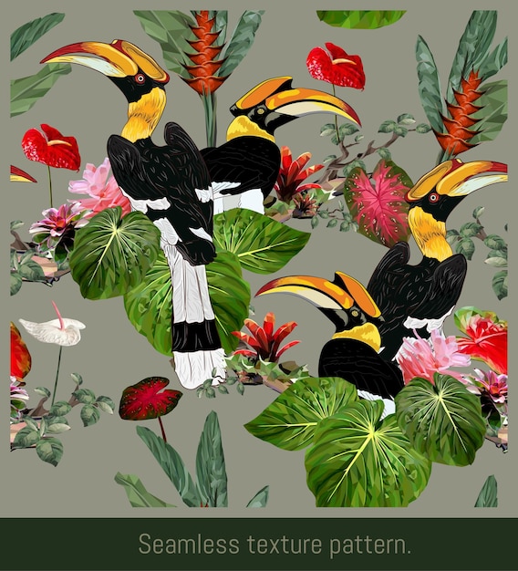 Arte de patrones sin fisuras de la selva tropical del Amazonas y coloridos pájaros Hornbill.