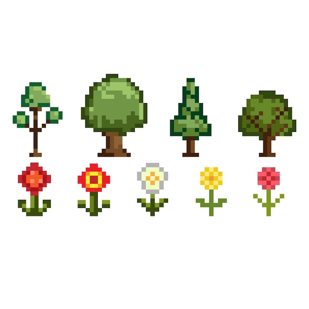 Arte de píxeles Árboles y flores Icon Set de 8 bits de estilo retro Ilustración vectorial