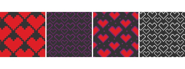 Arte de píxeles forma de corazón patrón sin costuras luz roja púrpura en fondo oscuro juego de amor de San Valentín