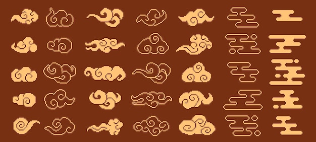 Arte de píxeles nubes afortunadas orientales formas de nubes asiáticas adornos japoneses pixelados nubes auspiciosas chinas Xiangyun y elementos de humo decorativos retro de 8 bits conjuntos de vectores aislados