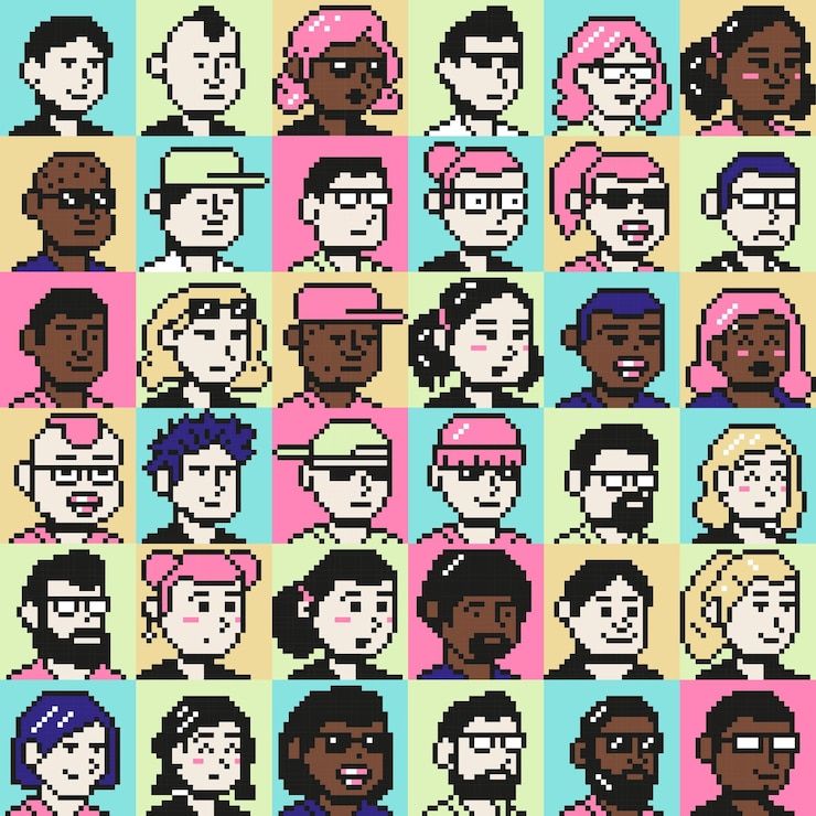 Vector arte de píxeles retrato de usuario iconos de 8 bits personas se enfrentan a jóvenes personas pixeladas avatares y juego retro