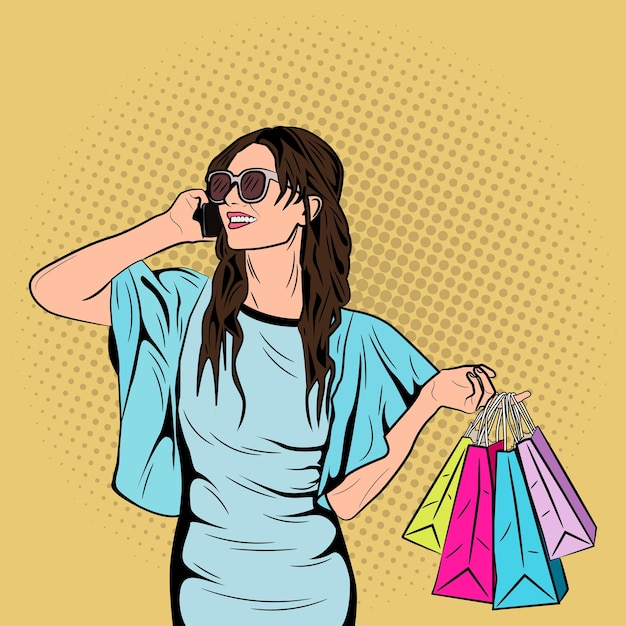 arte pop, cómico, compras, mujeres, vector, ilustración