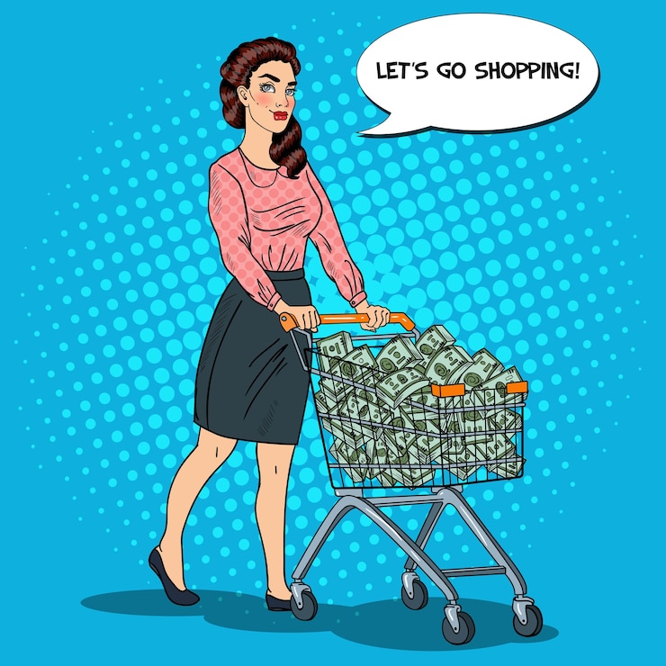 Vector arte pop feliz mujer rica con carrito de compras lleno de dinero. ilustración