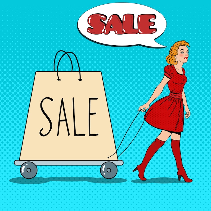 Vector arte pop hermosa mujer con bolsa gigante a la venta. ilustración