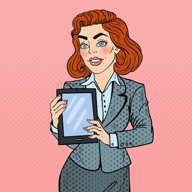Arte pop hermosa mujer de negocios con tableta digital.