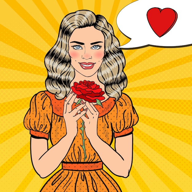 Vector arte pop joven bella mujer enamorada de rosa roja