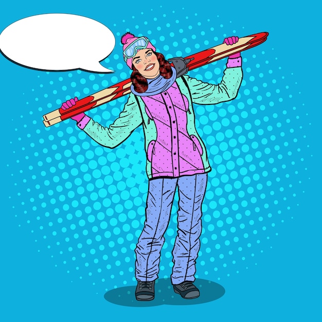 Arte pop mujer feliz con esquí en vacaciones de invierno. ilustración