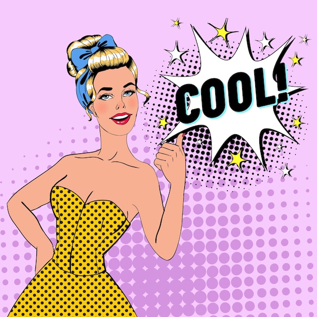 Arte pop mujer rubia posando con el pulgar hacia arriba signo. Cartel vintage chica alegre con bocadillo de diálogo cómico. Pin Up Banner cartel publicitario.