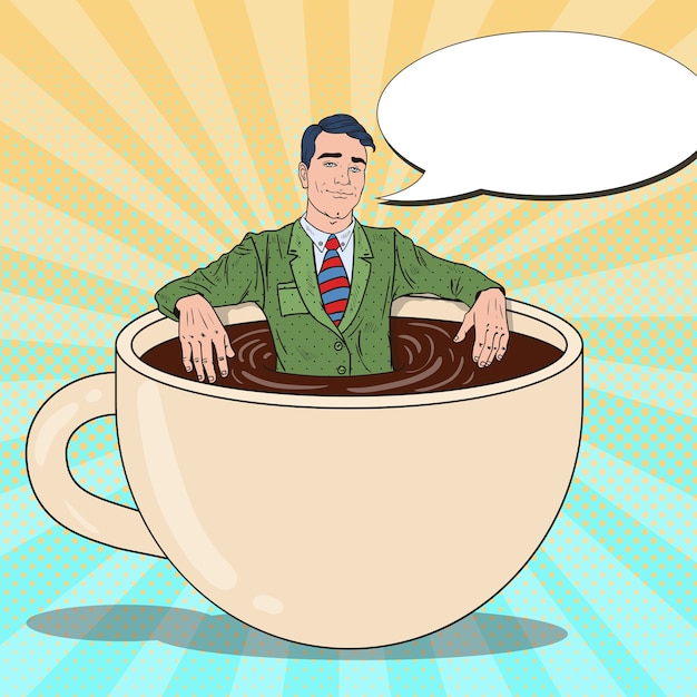 Arte pop sonriente empresario relajante en taza de café. Receso laboral.