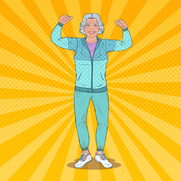 Vector arte pop sonriente mujer madura mayor mostrando los músculos. estilo de vida saludable. abuela feliz.