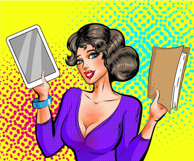 Vector arte pop vectorial mujer hermosa con libro y lector electrónico