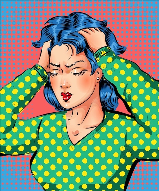 Arte pop vectorial mujer hermosa que tiene dolor de cabeza