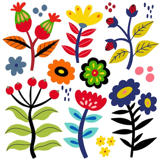 Arte popular flores conjunto vector plano ilustración elementos aislados en fondo blanco