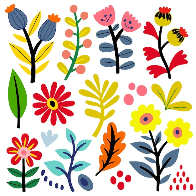 Arte popular flores conjunto vector plano ilustración elementos aislados en fondo blanco