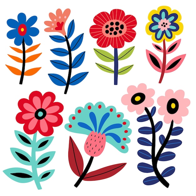 Arte popular flores conjunto vector plano ilustración elementos aislados en fondo blanco