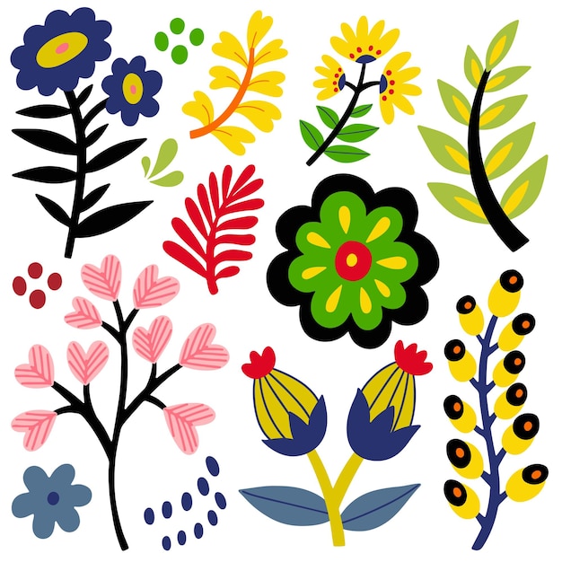 Arte popular flores conjunto vector plano ilustración elementos aislados en fondo blanco