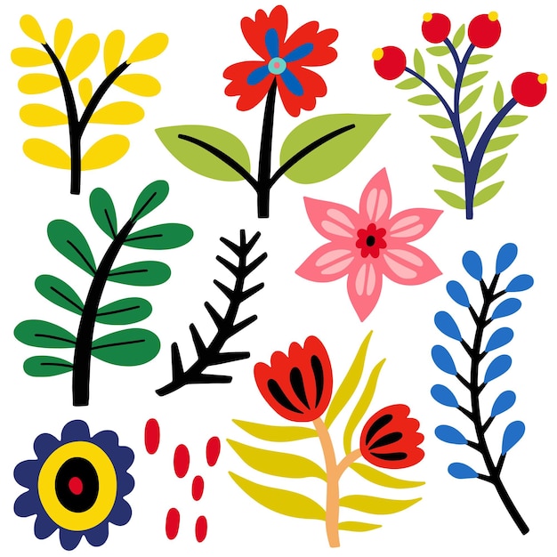 Arte popular flores conjunto vector plano ilustración elementos aislados en fondo blanco