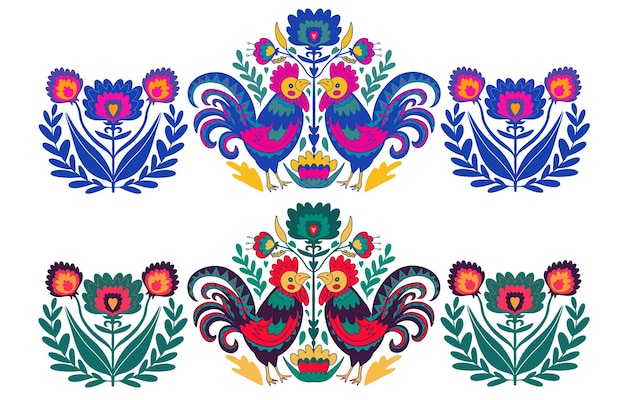 Arte popular polaco bordado ornamento con gallos ilustración vectorial floral popular tradicional
