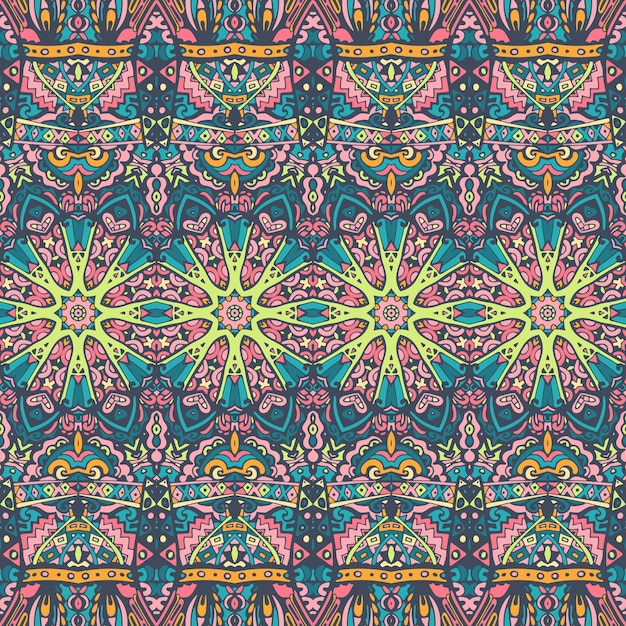 Arte psicodélico doodle colorido festivo de patrones sin fisuras. Adorno gráfico colorido étnico tibal