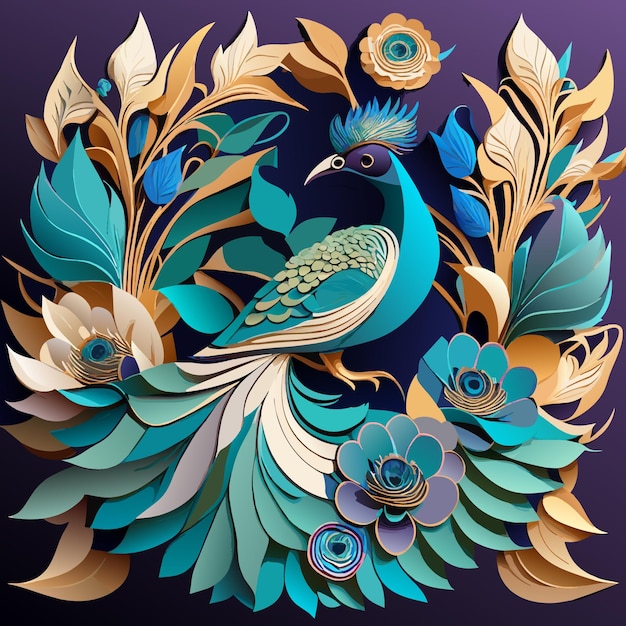 Un arte de quilling de papel digital de escultura de pavo real