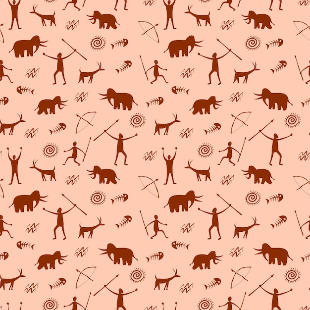 Arte rupestre Patrón de mano de hombre de las cavernas Tema de cazador prehistórico Tribu africana pintura primigenia Flecha en toro chillón Dibujo de personas antiguas Fondo paleolítico Textura transparente de vector
