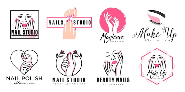 Arte de uñas y salón de pestañas vector logoilustración de manos de mujer con manicura elegante y hermosa