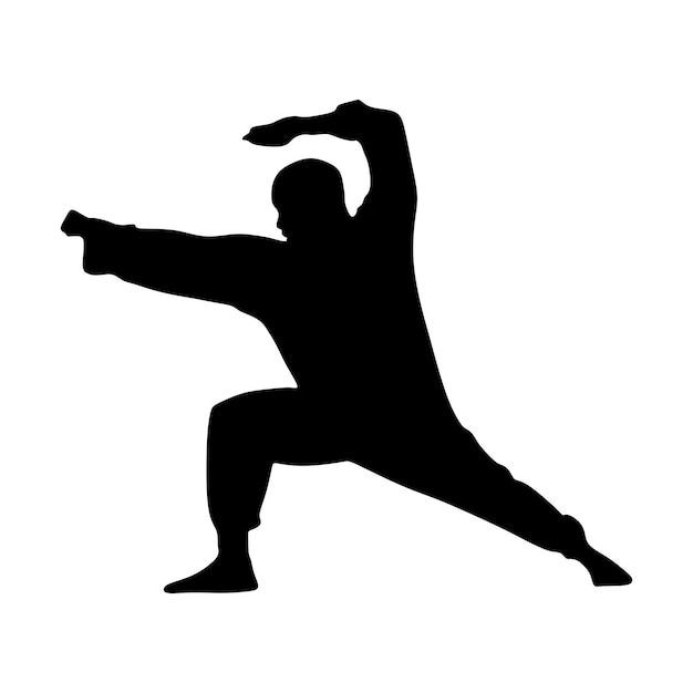 Arte de silueta de un hombre que demuestra artes marciales wushu, ejercicios de kung fu. ilustración vectorial W