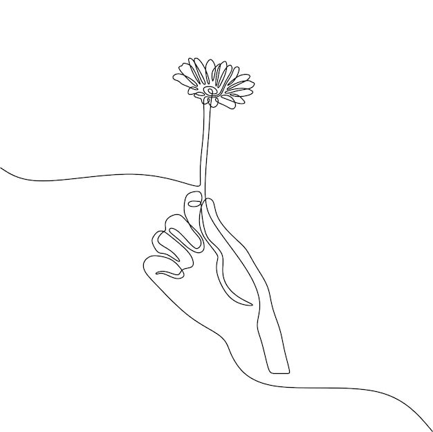 Vector arte de una sola línea continua de la mano sosteniendo una flor