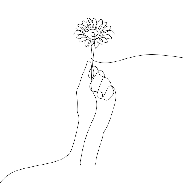 Arte de una sola línea continua de la mano sosteniendo una flor