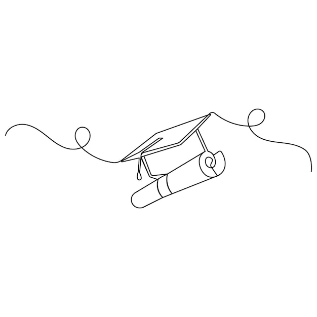 Arte de una sola línea continuo dibujo de una línea de icono de tapa de graduación del vector de contorno aislado