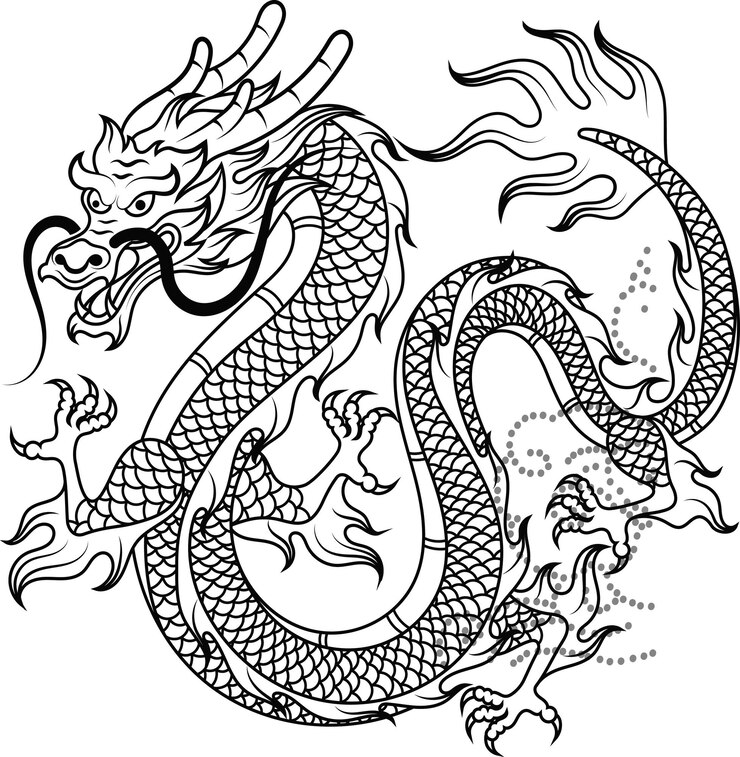 Arte del tatuaje dargon dibujo a mano boceto en blanco y negro chinos dragón animal salvaje delineado dragón