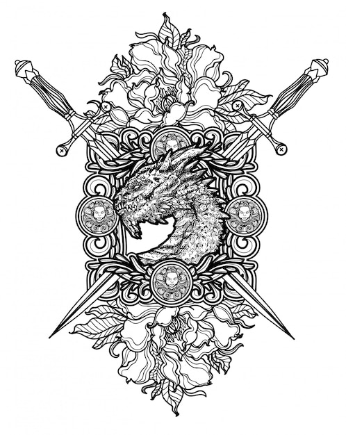 Arte del tatuaje dargon y espada dibujo a mano en blanco y negro