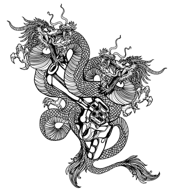 Arte del tatuaje dos dargon fly y gun mano dibujo boceto en blanco y negro