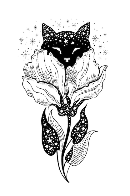 Arte de tatuaje de gato mágico Animal de luna mística con flor celestial psicodélica Cabeza de gato tribal para niña Impresión silueta vintage esotérica Vector de tatuaje de astrología Fantasía gatito negro flor de magnolia
