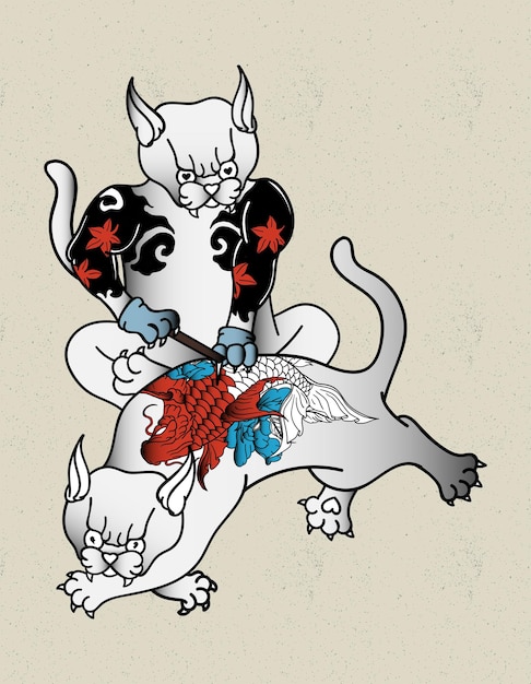 Arte del tatuaje del gato tebori