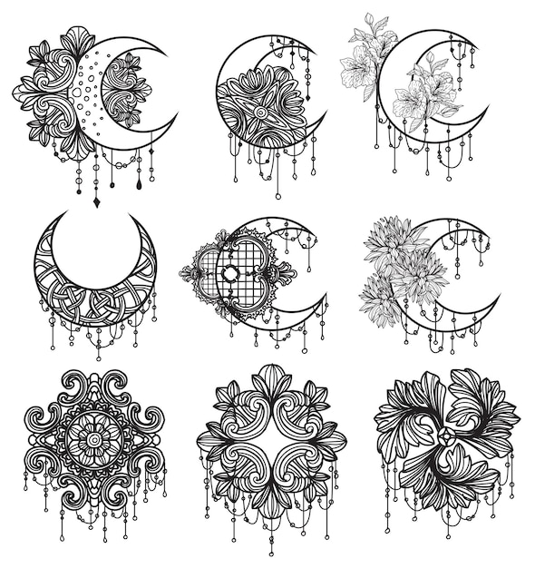 Vector arte del tatuaje gráficos luna dibujo y boceto en blanco y negro