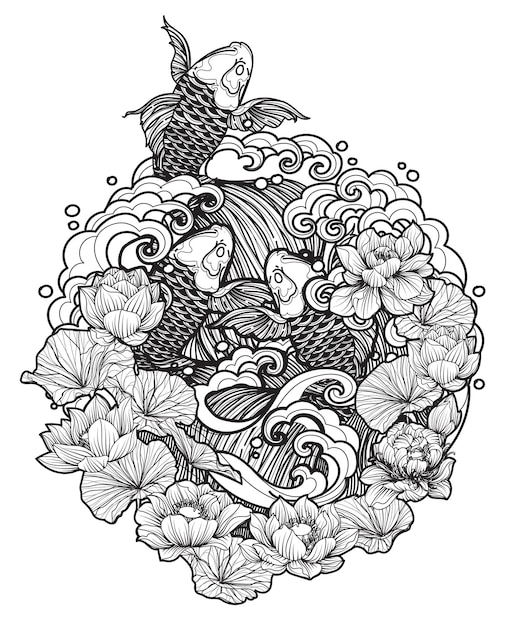 Arte del tatuaje japón fishs diseño dibujo a mano y boceto en blanco y negro