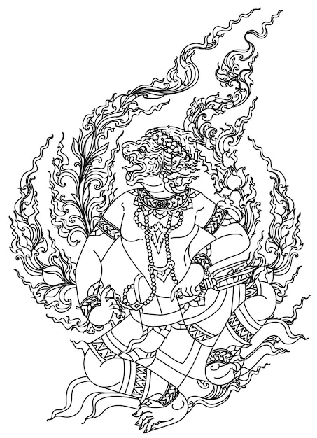 Vector el arte del tatuaje del mono en la literatura tailandesa dibujo a mano y boceto