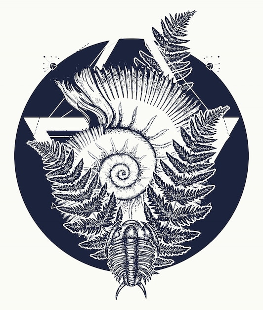 Vector arte de tatuaje prehistórico de concha de nautilus