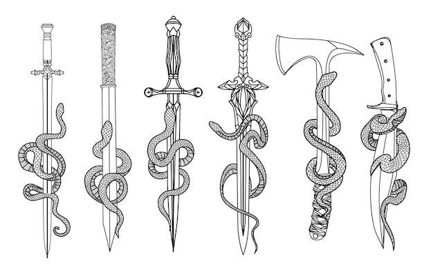 Vector arte del tatuaje snak cuchillo y espada dibujo y boceto en blanco y negro