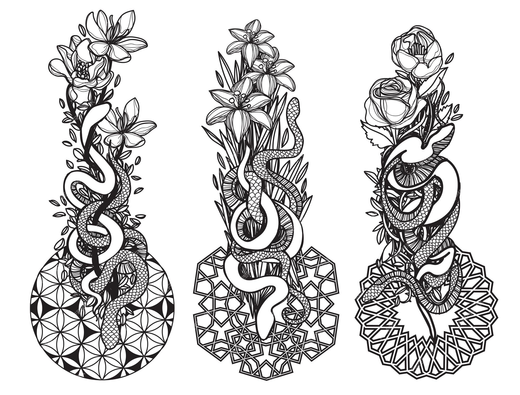 Arte del tatuaje snak y dibujo de flores y bocetos en blanco y negro |  Vector Premium