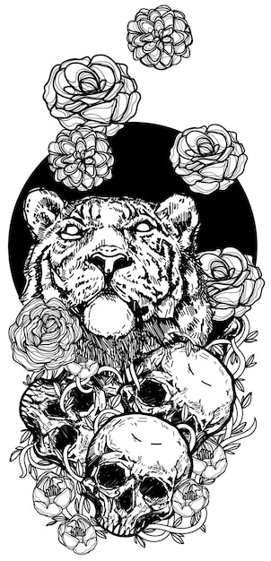 Vector arte del tatuaje tigre y flor dibujo a mano y boceto